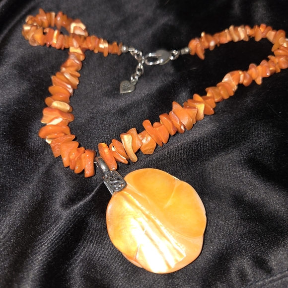 Vtg Orange Mother Of Pearl Carved Rose Pendent Necklace Stamped 925 w Earrings - Picture 4 of 9